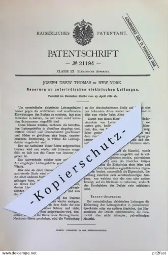 original Patent - Joseph Drew Thomas , New York , USA | 1882 | unterirdische elektrische Leitungen | Strom , Elektriker