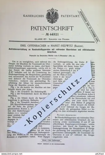 original Patent - Emil Offenbacher , Markt Redwitz , Bayern | 1887 | Antrieb an Schleifmaschine | Schleifen , Polieren !