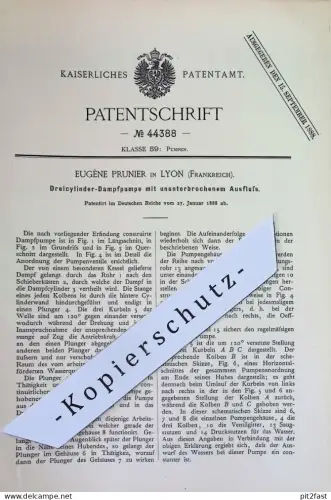 original Patent - Eugène Prunier , Lyon , Frankreich | 1888 | Dreizylinder - Dampfpumpe | Pumpe , Pumpen !!