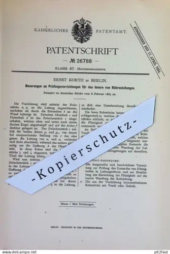 original Patent - Ernst Korth , Berlin | 1883 | Prüfen von Röhrenleitungen | Rohr , Rohre , Röhren | Maschinenbau !!
