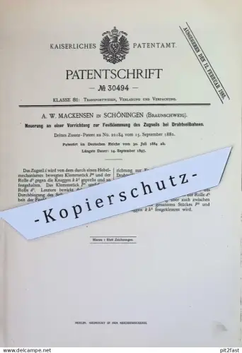original Patent - A. W. Mackensen , Schöningen , Braunschweig | 1884 | Festklemmung von Zugseil bei Draht - Seilbahnen