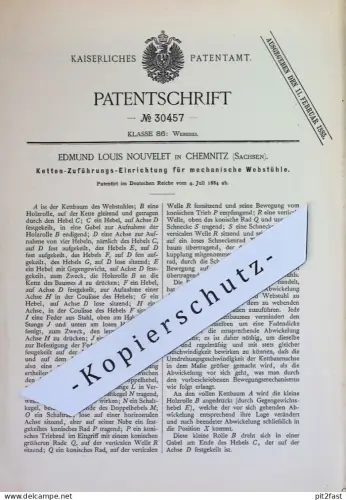 original Patent - Edmund Louis Nouvelet , Chemnitz Sachsen | 1884 | Kettenzuführung f. mechanische Webstühle | Webstuhl