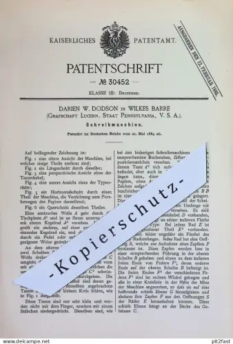 original Patent - Darien W. Dodson , Wilkes Barre , Grafschaft Lucern , Pennsylvania , USA | 1884 | Schreibmaschine !!!