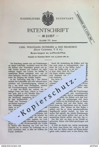 original Patent - Carl Wolfgang Petersen , San Francisco , California , USA | 1882 | Luftschiffe , Luftschiffe | Ballon