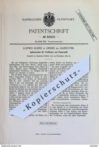 original Patent - Ludwig Kleine , Linden / Hannover | 1885 | Spülmaschine für Torffasern u. Papierstoff | Papier , Paper