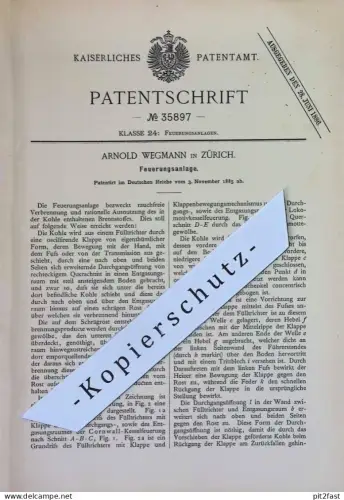 original Patent - Arnold Wegmann , Zürich , Schweiz | 1885 | Feuerungsanlage | Feuerung , Ofen , Öfen , Heizung !!