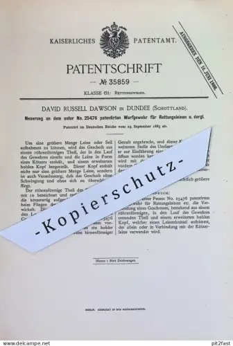 original Patent - David Russell Dawson , Dundee , Schottland | 1885 | Wurfgewehr für Rettungsleinen | Rettung , Seil