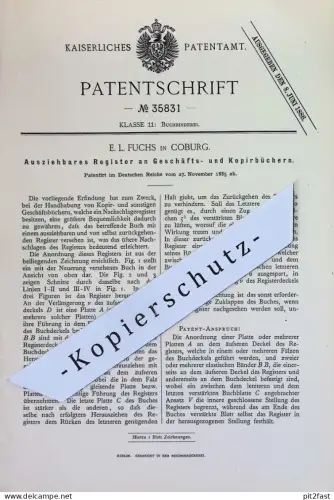 original Patent - E. L. Fuchs , Coburg | 1885 | Register an Geschäfts- u. Kopierbüchern | Buch , Bücher , Buchbinderei !