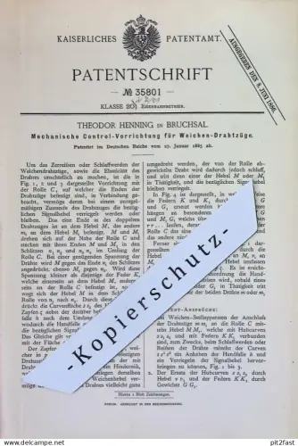 original Patent - Theodor Henning , Bruchsal | 1885 | Mechanische Kontrolle für Weichen - Drahtzüge | Eisenbahn Drahtzug