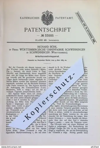 original Patent - Richard Bürk , Württembergische Uhrenfabrik Schwenningen | 1885 | Arbeiterkontrollapparat | Uhr Uhren