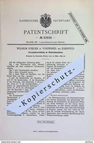 original Patent - Wilhelm Steeger , Vohwinkel / Elberfeld | 1885 | Häckselmaschine - Vorschub | Häcksel , Landwirtschaft