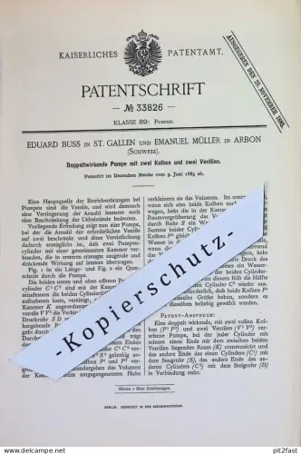original Patent - Eduard Buss , St. Gallen , Emanuel Müller , Arbon , Schweiz | 1885 | Pumpe mit 2 Kolben u. 2 Ventilen