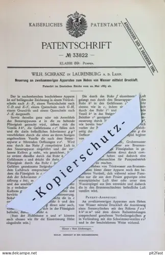 original Patent - Wilh. Schranz , Laurenburg a. d. Lahn | 1885 | Apparat zum Heben von Wasser mittels Druckluft | Pumpen