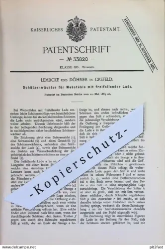 original Patent - Lembcke und Döhmer , Krefeld | 1885 | Schützenwächter für Webstuhl | Weben , Weberei , Weber