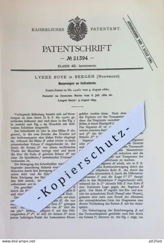 original Patent - Lykke Boye , Bergen , Norwegen | 1882 | Indikator | Indikatoren | Schreibstift , Stift , Feder