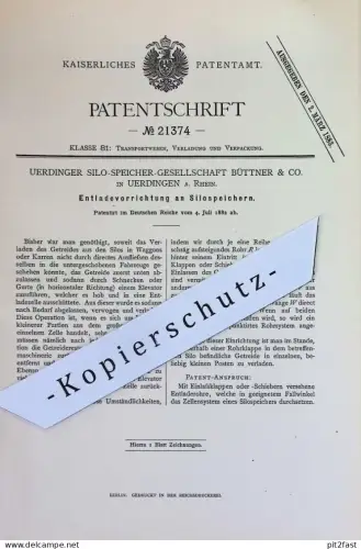 original Patent - Silo Speicher Gesellschaft Büttner & Co. Uerdingen / Rhein | 1882 | Entladevorrichtung an Silospeicher