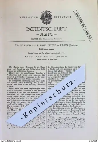 original Patent - Franz Křižik u. Ludwig Piette , Pilsen , Böhmen | 1882 | Elektrische Lampe | Lampen , Strom | Volta
