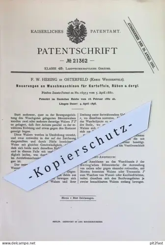 original Patent - F. W. Hering , Osterfeld , Weißenfels | 1882 | Waschmaschine für Kartoffeln , Rüben | Landwirtschaft !