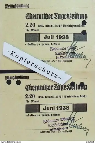 Tageszeitung Chemnitz -Johannes Böttcher in Schönbrunn b. Wolkenstein i.Sa. 1938 Rechnung / Dokument , Reklame / Werbung