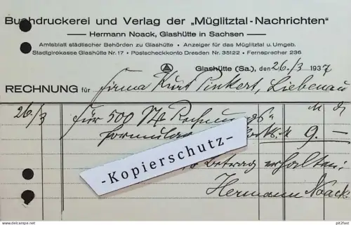 Druckerei und Verlag - "Müglitztal-Nachrichten" in Glashütte i.Sa., 1937 , Noack Rechnung / Dokument , Reklame / Werbung