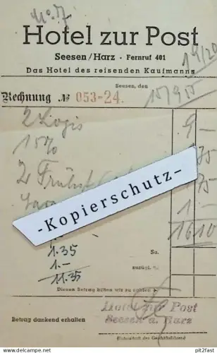 Hotel zur Post in Seesen i. Harz , 1950 , Rechnung / Dokument , Reklame / Werbung