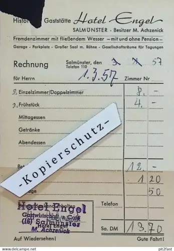 M. Achzenick - Restaurant / Hotel Engel in Salmünster , 1957 , Bad Soden , Rechnung / Dokument , Reklame / Werbung