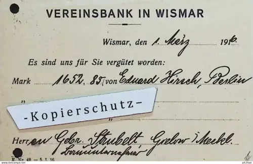 Vereinsbank Wismar i. Mecklenburg , 1916 , Rechnung / Dokument , Reklame / Werbung