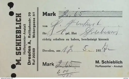 Hutfassonier-Anstalt M. Schieblich in Dresden , 1937 , Rechnung / Dokument , Reklame / Werbung