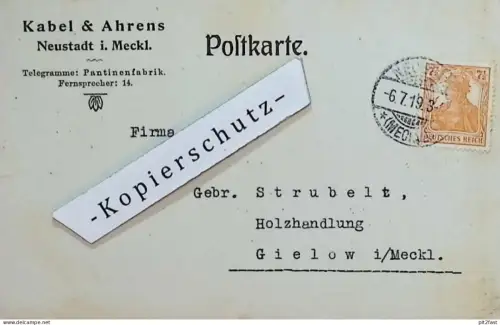 Pantinenfabrik - Kabel & Ahrens in Neustadt i. Mecklenburg , 1918 , Rechnung / Dokument , Reklame / Werbung
