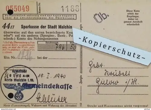 Gemeinde Gielow b. Malchin i. Mecklenburg , 1940 , Sparkasse , Rechnung / Dokument , Reklame / Werbung