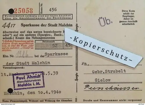 Manufaktur - Paul Ahrndt in Malchin i. Mecklenburg , 1939 , Sparkasse , Rechnung / Dokument , Reklame / Werbung