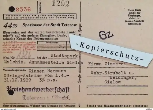 Sparkasse der Stadt Teterow i. Mecklenburg , 1939 , Hermann Göring Anleihe , Rechnung / Dokument , Reklame / Werbung
