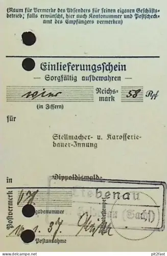 Einlieferschein - Liebenau b. Heidenau , 1937 , Post , Rechnung / Dokument , Reklame / Werbung
