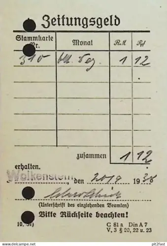 Zeitungsgeld - Wolkenstein , 1938 , Rechnung / Dokument , Reklame / Werbung