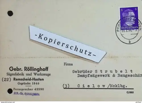Sägenfabrik - Gebrüder Röllinghoff in Remscheid - Hasten , 1944 , Rechnung / Dokument , Reklame / Werbung