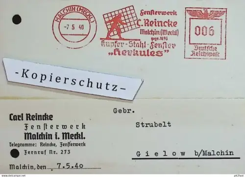 Fensterwerk - Carl Reincke in Malchin i. Mecklenburg , 1940 , Rechnung / Dokument , Reklame / Werbung