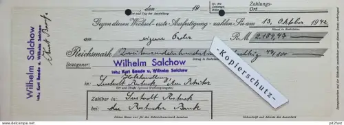 Prima-Wechsel , Wilhelm Salchow / Kurt Baade in Rostock , 1942 , Mecklenburg , Scheck / Dokument , Reklame / Werbung