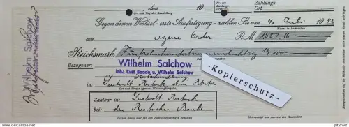 Prima-Wechsel , Wilhelm Salchow / Kurt Baade in Rostock , 1942 , Mecklenburg , Scheck / Dokument , Reklame / Werbung