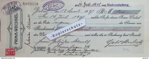 Prima-Wechsel , Neustrelitz - Neubrandenburg , 1928 , Mecklenburg Strelitz , Rechnung / Dokument , Reklame / Werbung