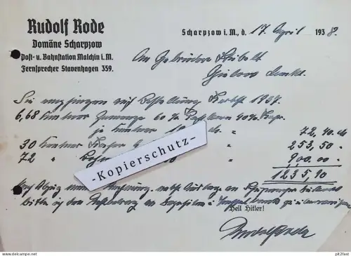 Domäne Scharpzow b. Malchin , 1938 , Rudolf Rode , Rechnung / Dokument , Reklame / Werbung
