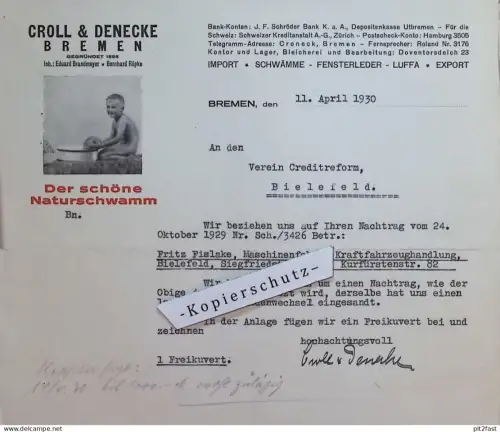 Schwämme - Croll & Denecke in Bremen , 1930 , Rechnung / Dokument , Reklame / Werbung