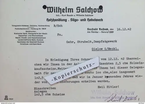 Holzhandel - Wilhelm Salchow / Kurt Baade in Rostock i. Mecklenburg , 1942 , Rechnung / Dokument , Reklame / Werbung