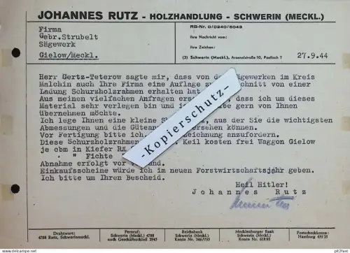 Holzhandel - Johannes Rutz in Schwerin i. Mecklenburg , 1944 , Rechnung / Dokument , Reklame / Werbung