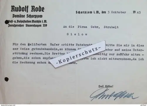 Domäne Scharpzow b. Malchin i. Mecklenburg , 1943 , Rudolf Rode , Rechnung / Dokument , Reklame / Werbung