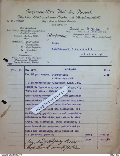 Ingenierbüro - Wilhelm Meincke in Rostock i. Mecklenburg , 1922 ,  Rechnung / Dokument , Reklame / Werbung