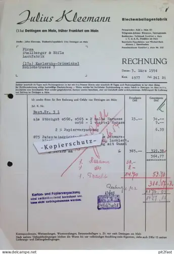 Blechemballagenfabrik - Julius Kleemann in Dettingen a. Main , 1954 , Frankfurt  Rechnung / Dokument , Reklame / Werbung
