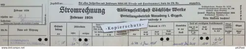 Aktiengesellschaft Sächsische Werke in Annaberg i. Erzgebirge , 1938 , Rechnung / Dokument , Reklame / Werbung