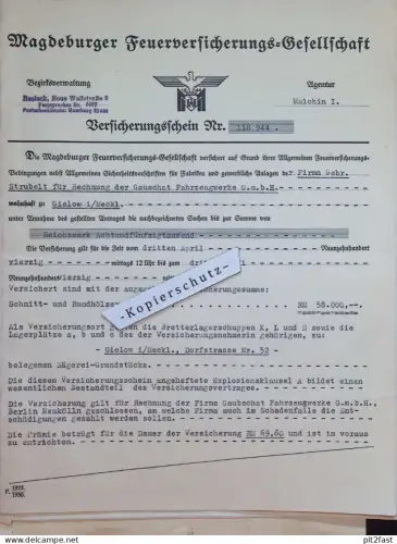 Magdeburger Versicherung - Gauschat Fahrzeugwerke / Strubelt in Gielow , 1940 , Rechnung / Dokument , Reklame / Werbung