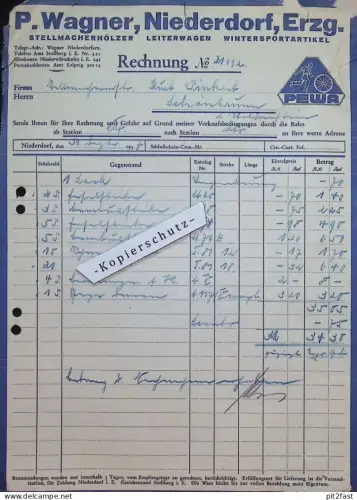 Stellmacher - P. Wagner in Niederdorf i. Erzgebirge , 1937 , Rechnung / Dokument , Reklame / Werbung