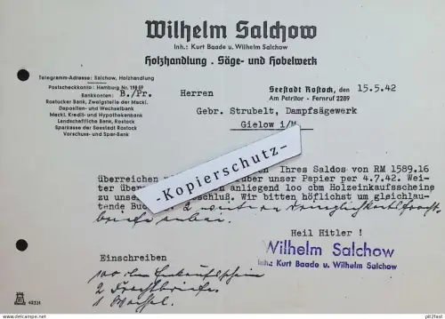 Holzhandel - Wilhelm Salchow / Kurt Baade in Rostock i. Mecklenburg , 1942 , Rechnung / Dokument , Reklame / Werbung